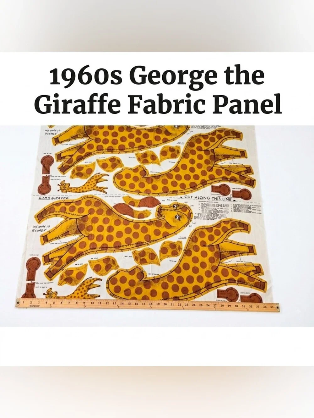 Vintage 1960s George The Giraffe Cotton Fabric Panel, Cut And Sew, Mid Century